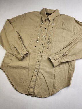Vintage Panhandle Slim Woman's L Large Western Tan Snap Shirt Jewel Shoulderpads